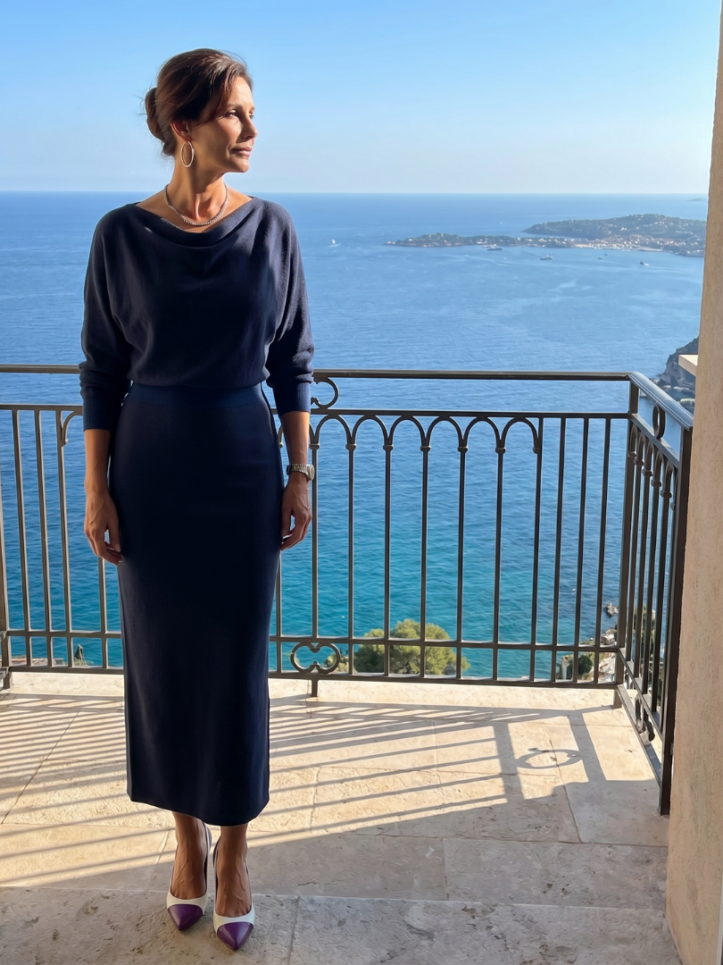 Adrienne | Draped Neckline Fitted Midi Dress