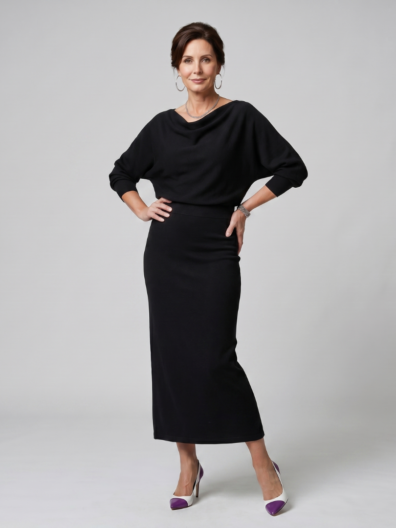 Adrienne | Draped Neckline Fitted Midi Dress