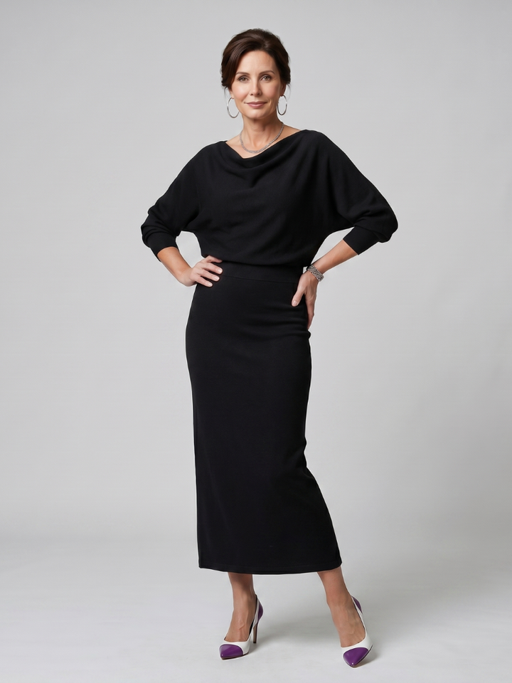 Adrienne | Draped Neckline Fitted Midi Dress