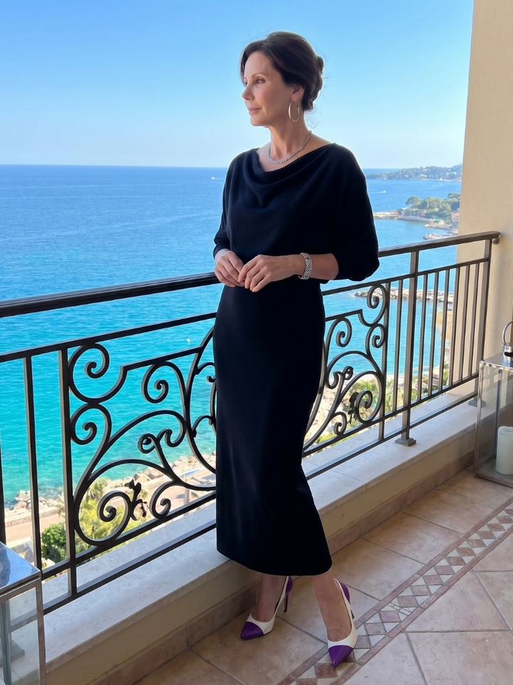 Adrienne | Draped Neckline Fitted Midi Dress