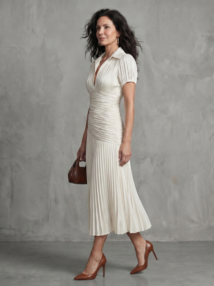 Liliana | Pleated Fine-Stripe Midi Dress