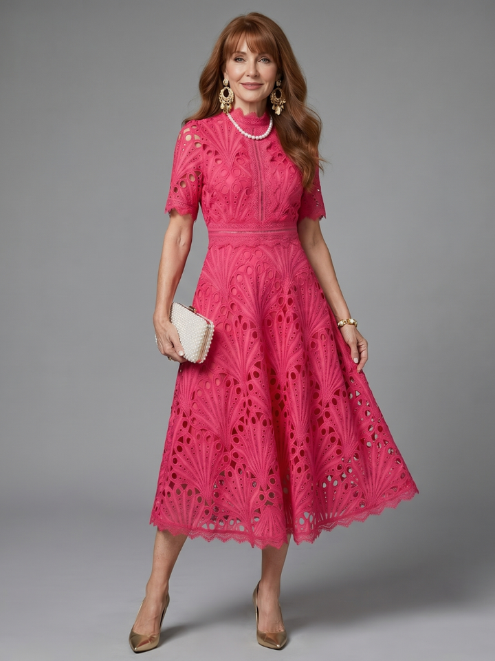 Bonnie | Short-Sleeve Eyelet Fitted-Waist Midi Dress