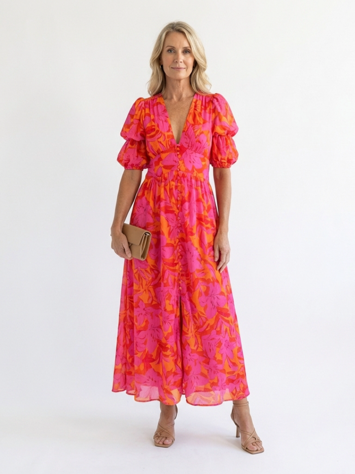 Adalyn | Floral Puff Sleeve Midi Dress