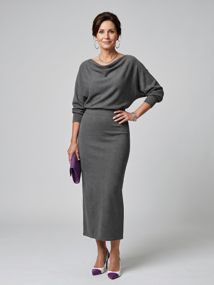 Adrienne | Draped Neckline Fitted Midi Dress
