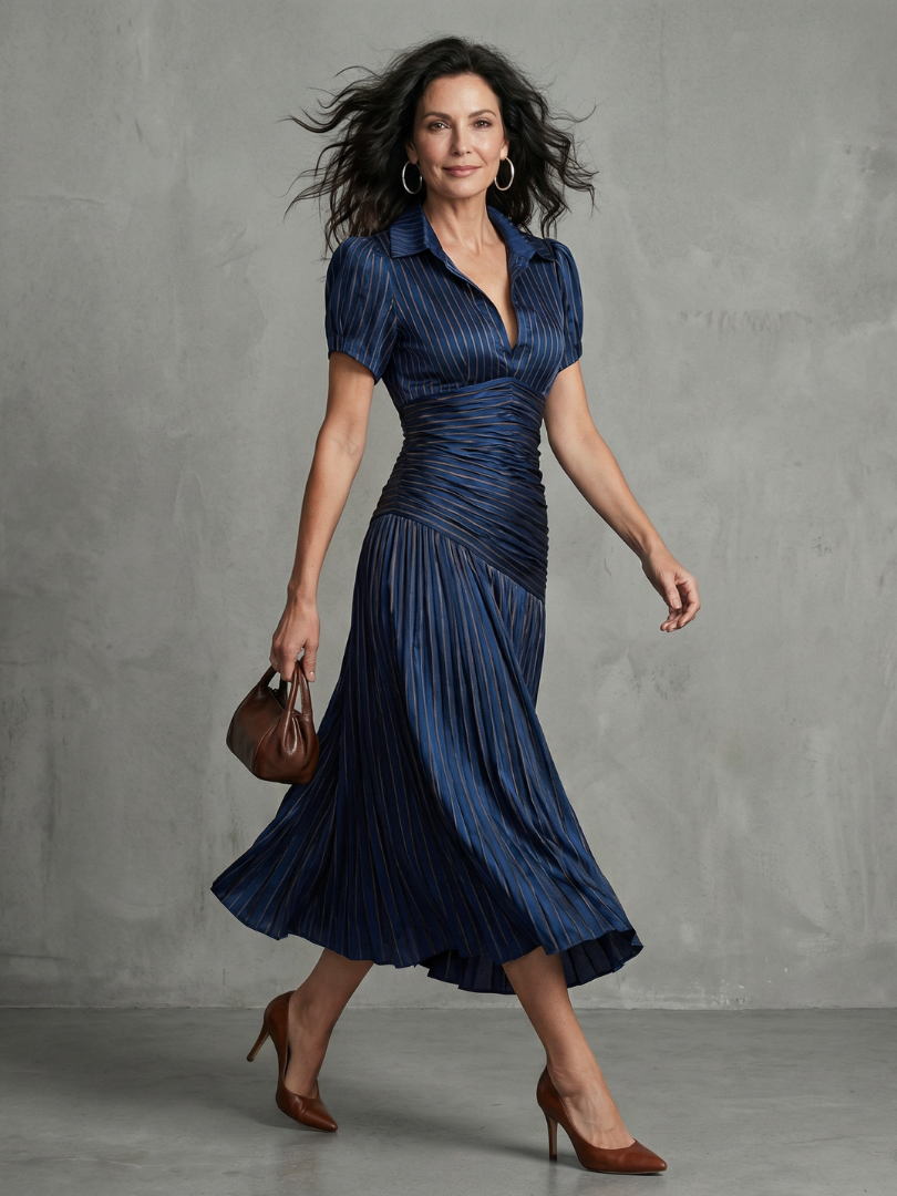Liliana | Pleated Fine-Stripe Midi Dress