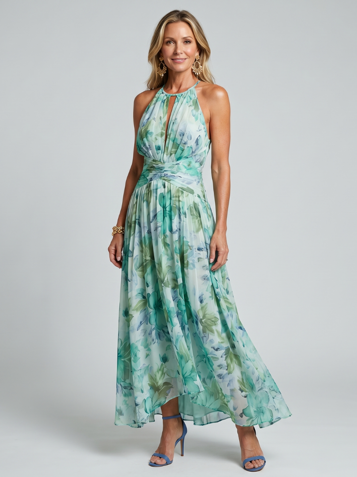 Brielle | Pleated Halter Floral Midi Dress