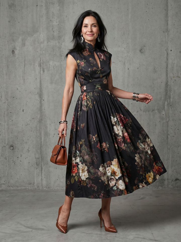 Aurelia | High-Neck Floral Pleated Midi Dress