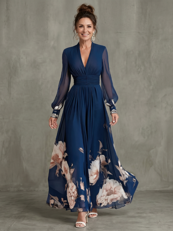 Elena | Pleated Sheer-Sleeve Maxi Dress
