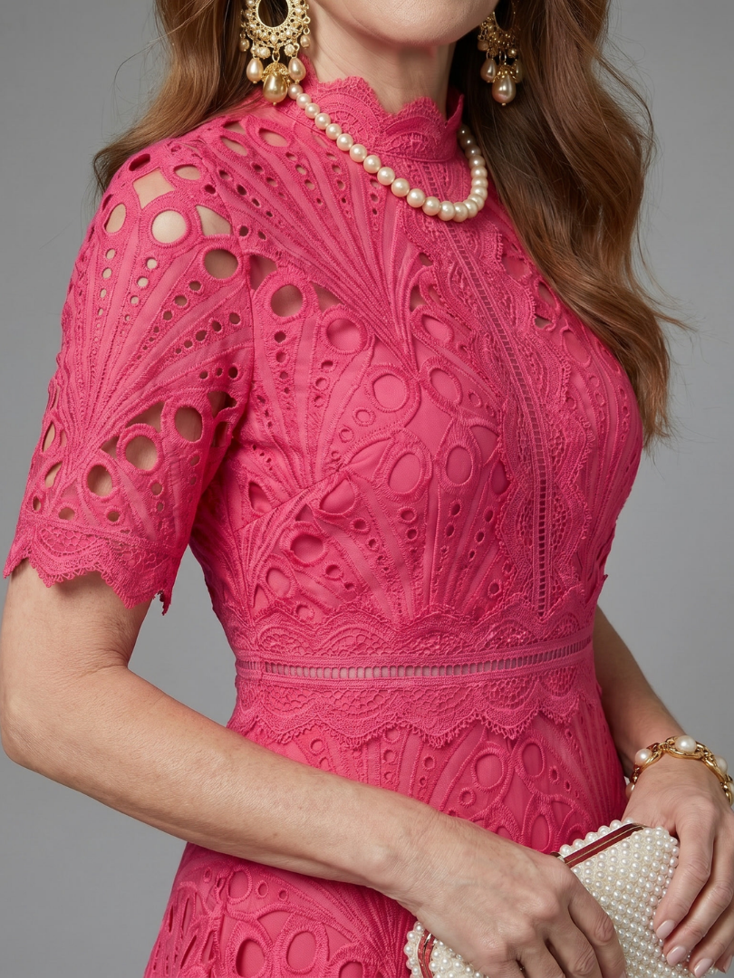 Bonnie | Short-Sleeve Eyelet Fitted-Waist Midi Dress