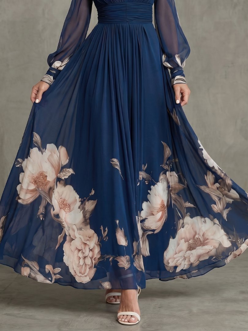 Elena | Pleated Sheer-Sleeve Maxi Dress