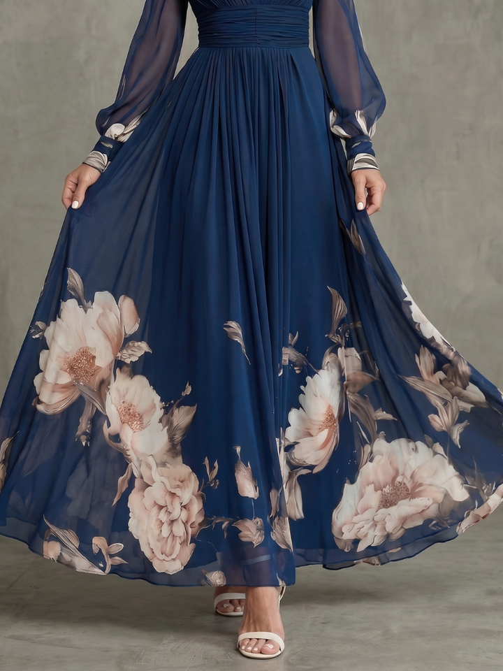 Elena | Pleated Sheer-Sleeve Maxi Dress