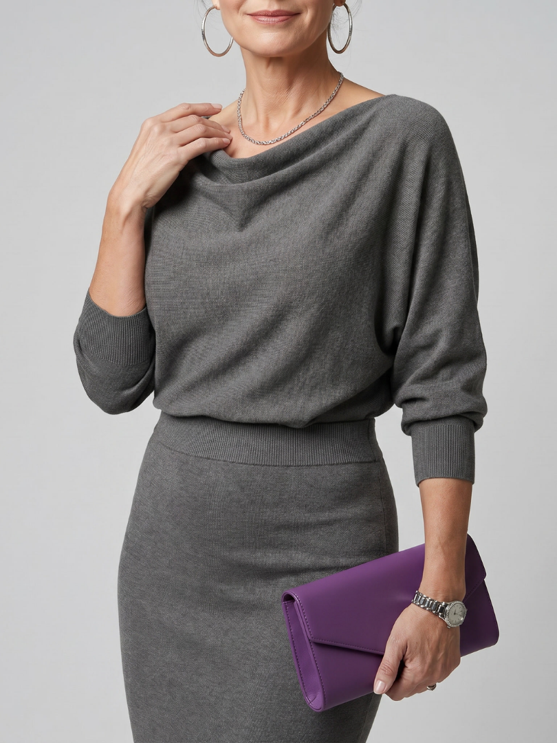 Adrienne | Draped Neckline Fitted Midi Dress