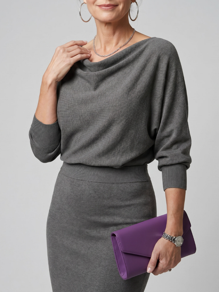 Adrienne | Draped Neckline Fitted Midi Dress