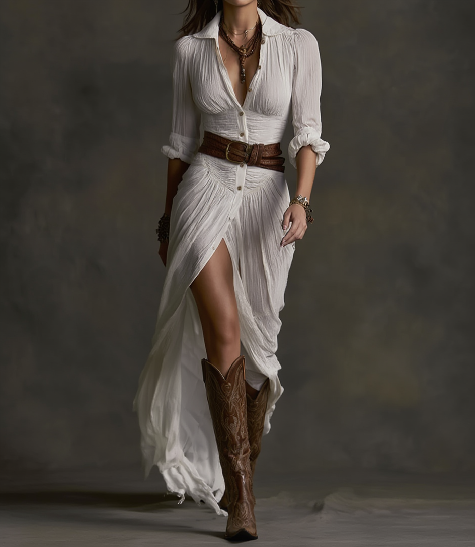 Aurora | Long Linen Dress with Reverse Collar