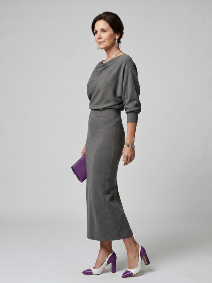 Adrienne | Draped Neckline Fitted Midi Dress
