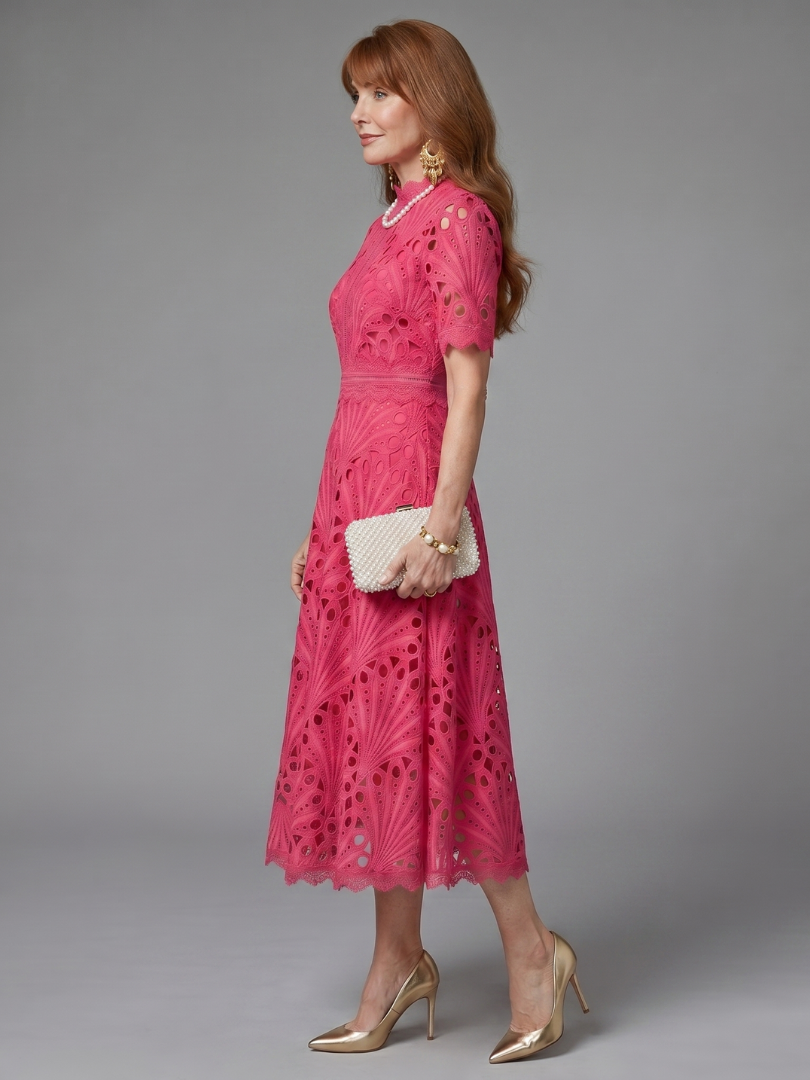 Bonnie | Short-Sleeve Eyelet Fitted-Waist Midi Dress