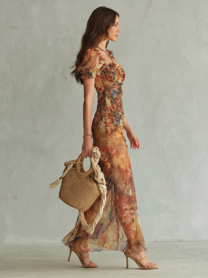 Julia | Ruffled Sleeve Ruched Slit Midi Dress