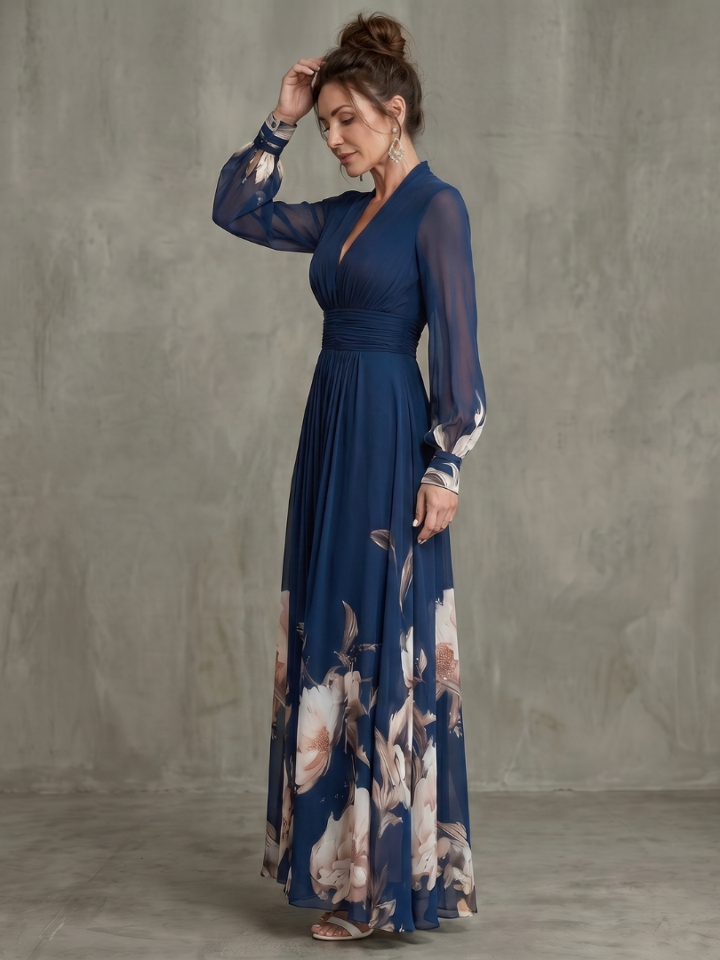 Elena | Pleated Sheer-Sleeve Maxi Dress