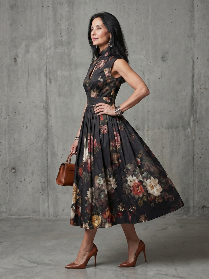 Aurelia | High-Neck Floral Pleated Midi Dress