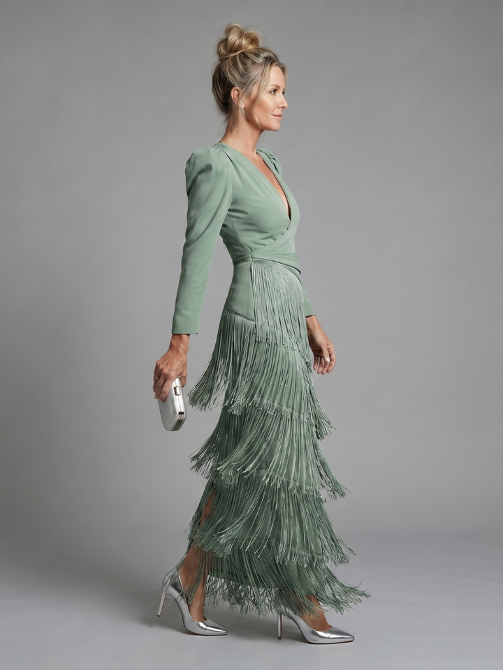 Elisabeth | Long-Sleeve Fringe Midi Dress