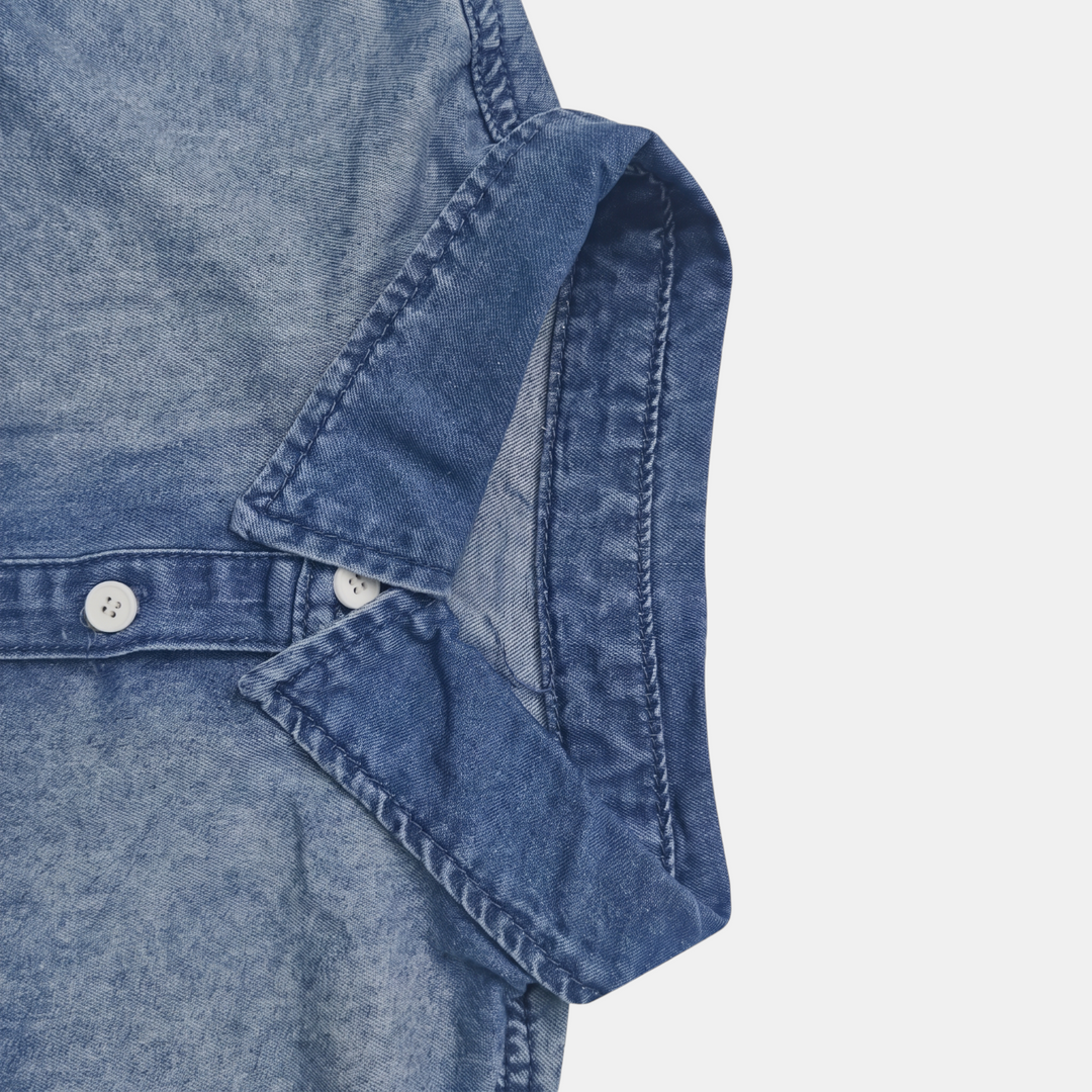 Women's Wide Leg Button Front Washed Denim Jumpsuit