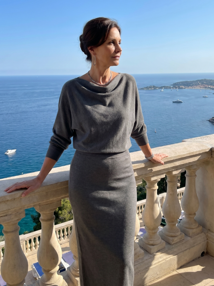 Adrienne | Draped Neckline Fitted Midi Dress