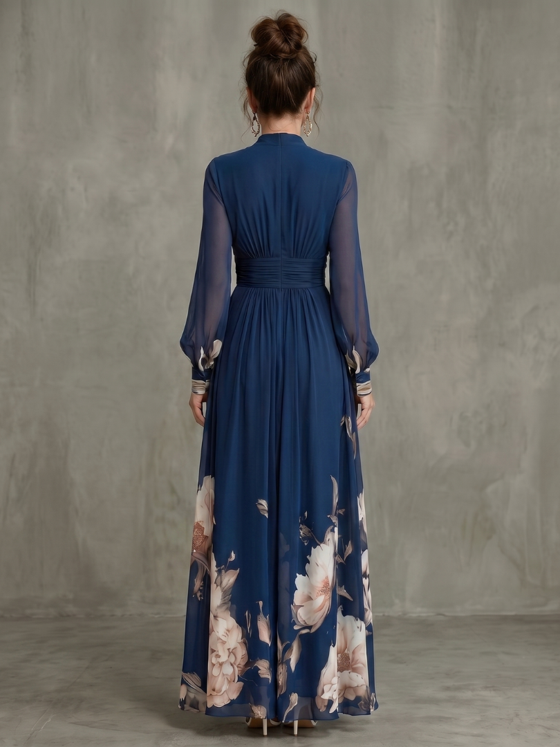 Elena | Pleated Sheer-Sleeve Maxi Dress