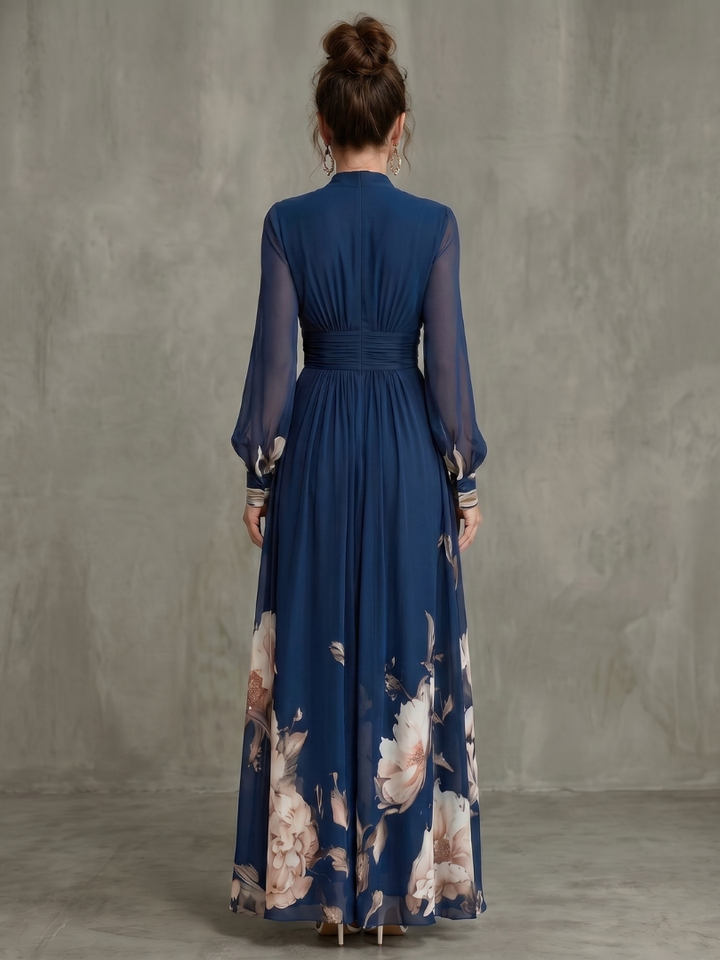 Elena | Pleated Sheer-Sleeve Maxi Dress