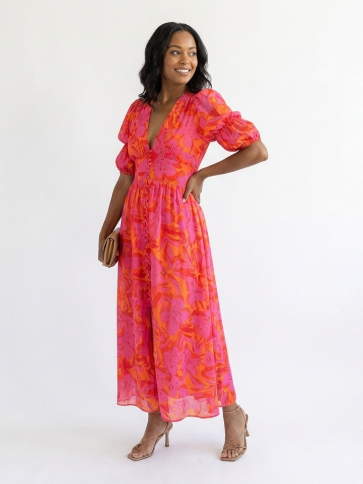Adalyn | Floral Puff Sleeve Midi Dress