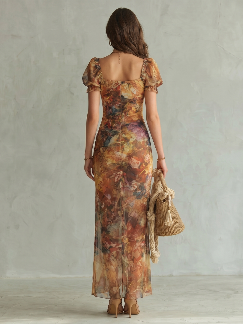 Julia | Ruffled Sleeve Ruched Slit Midi Dress