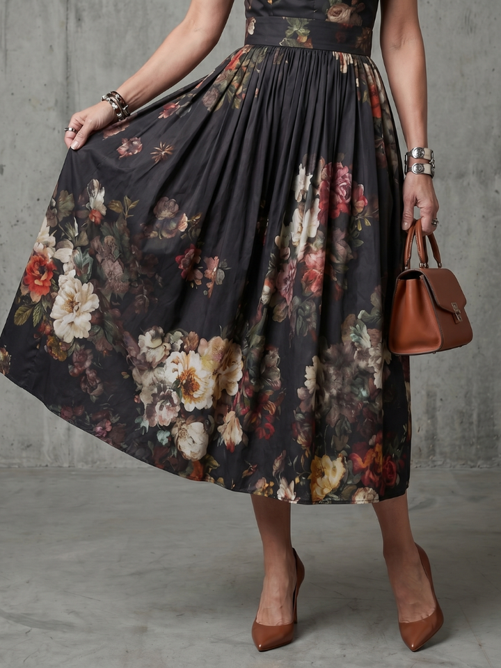 Aurelia | High-Neck Floral Pleated Midi Dress