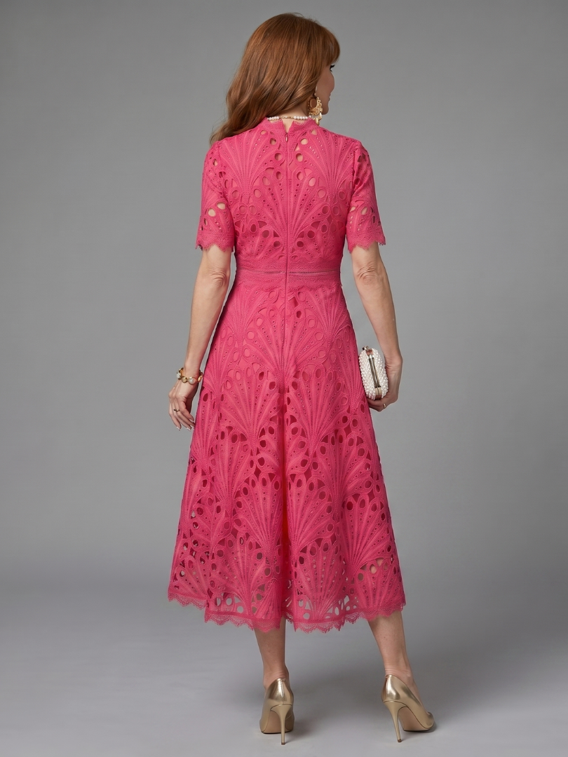 Bonnie | Short-Sleeve Eyelet Fitted-Waist Midi Dress