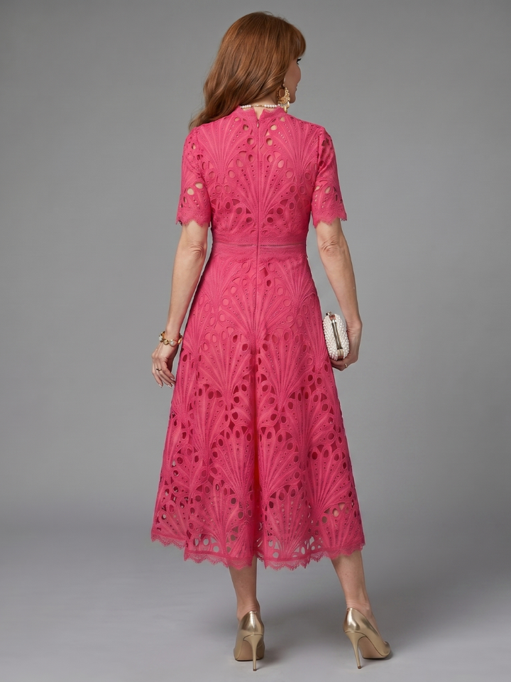 Bonnie | Short-Sleeve Eyelet Fitted-Waist Midi Dress