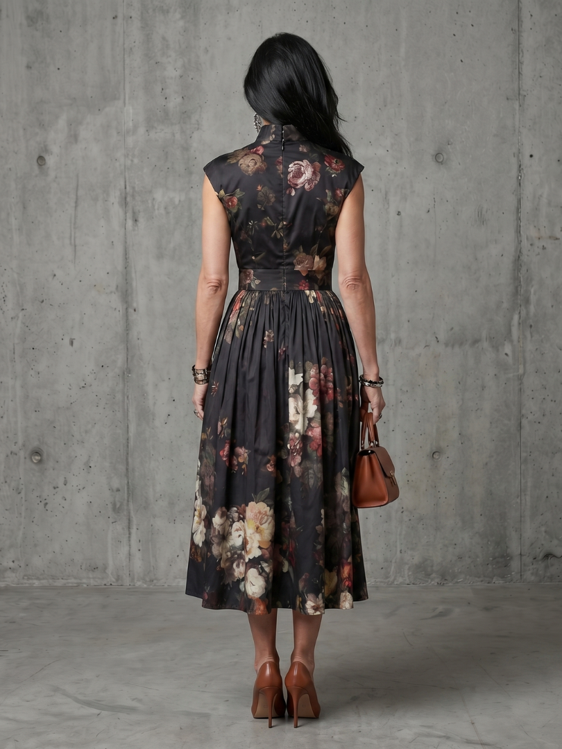 Aurelia | High-Neck Floral Pleated Midi Dress