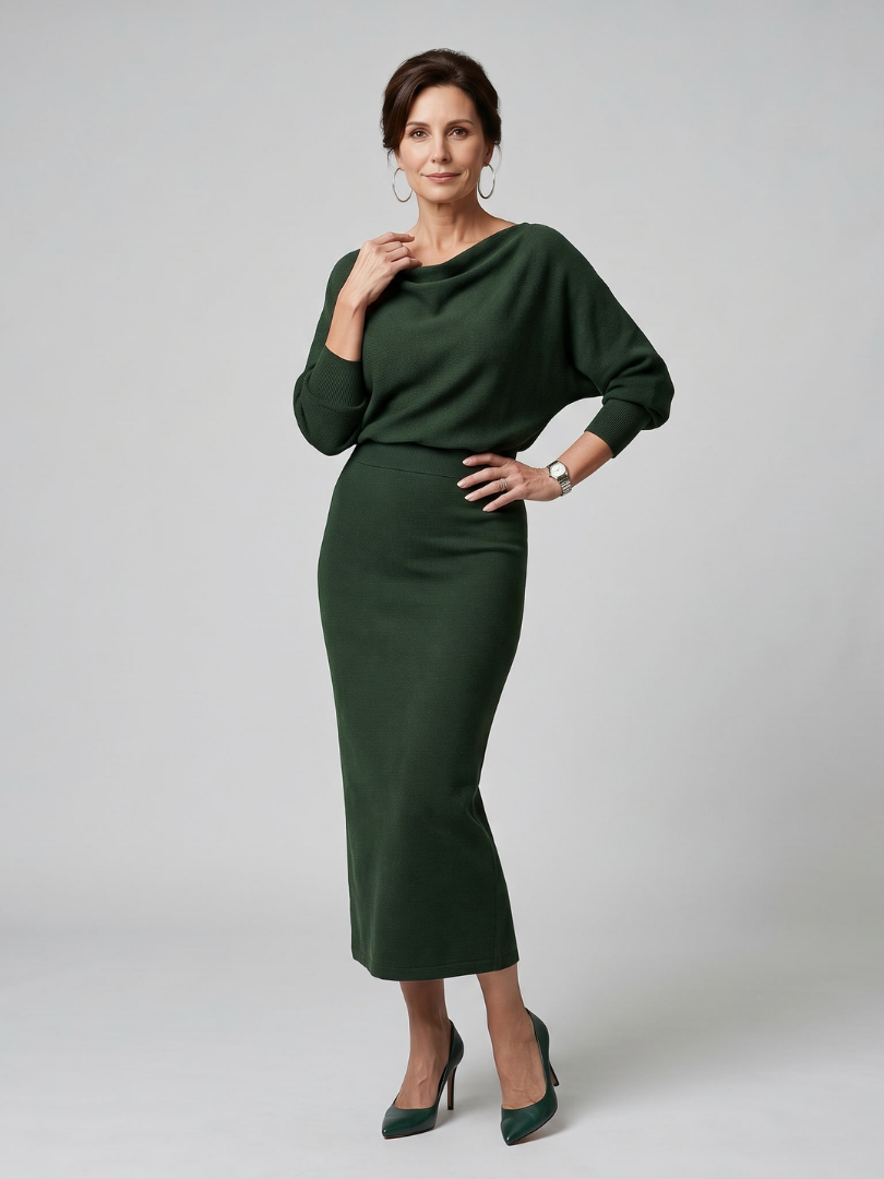 Adrienne | Draped Neckline Fitted Midi Dress