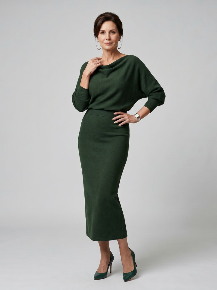 Adrienne | Draped Neckline Fitted Midi Dress