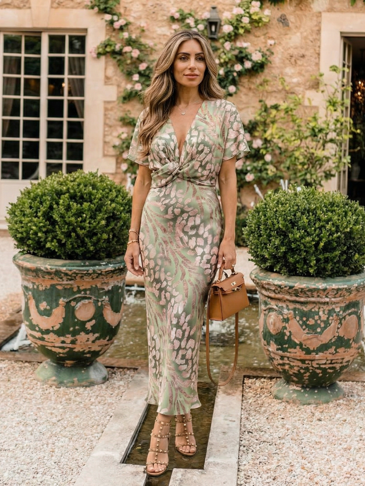 Rhea | Abstract Print Twist-Waist Midi Dress