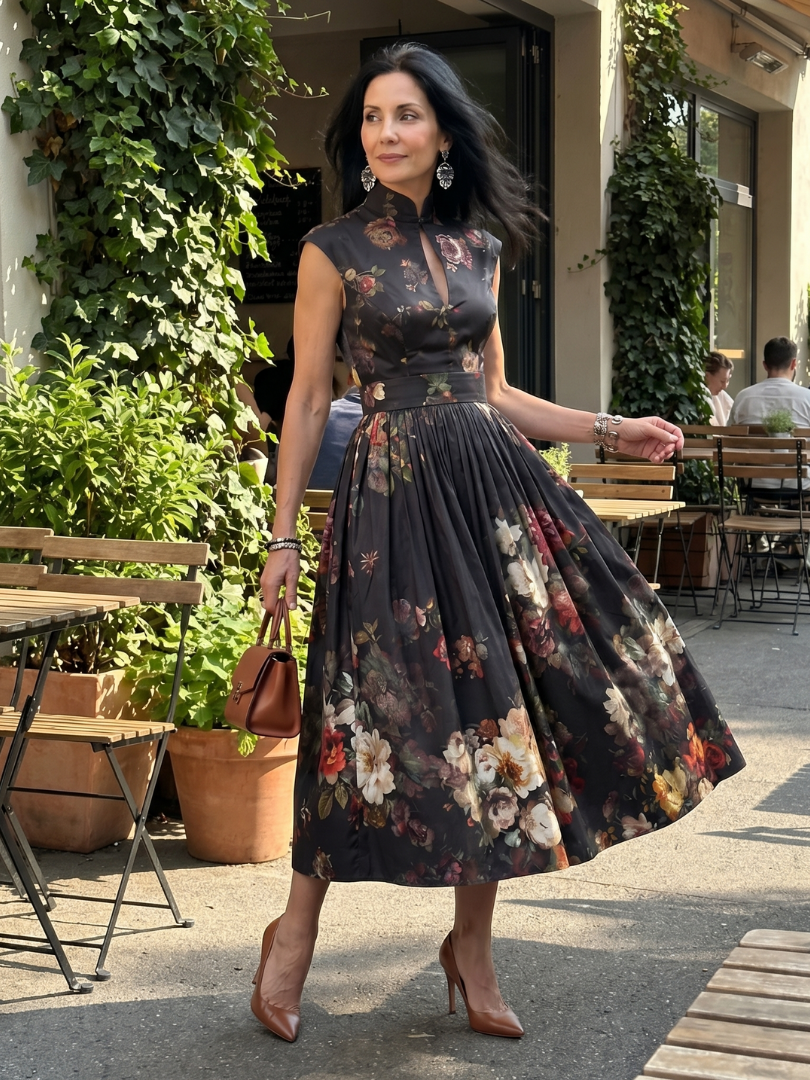 Aurelia | High-Neck Floral Pleated Midi Dress