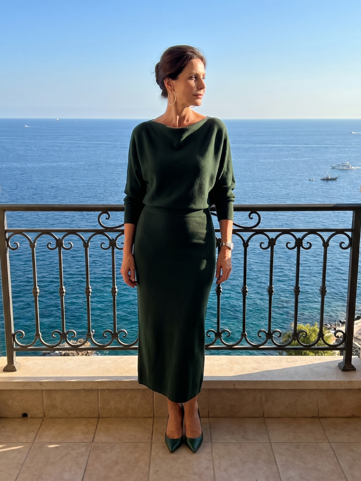 Adrienne | Draped Neckline Fitted Midi Dress