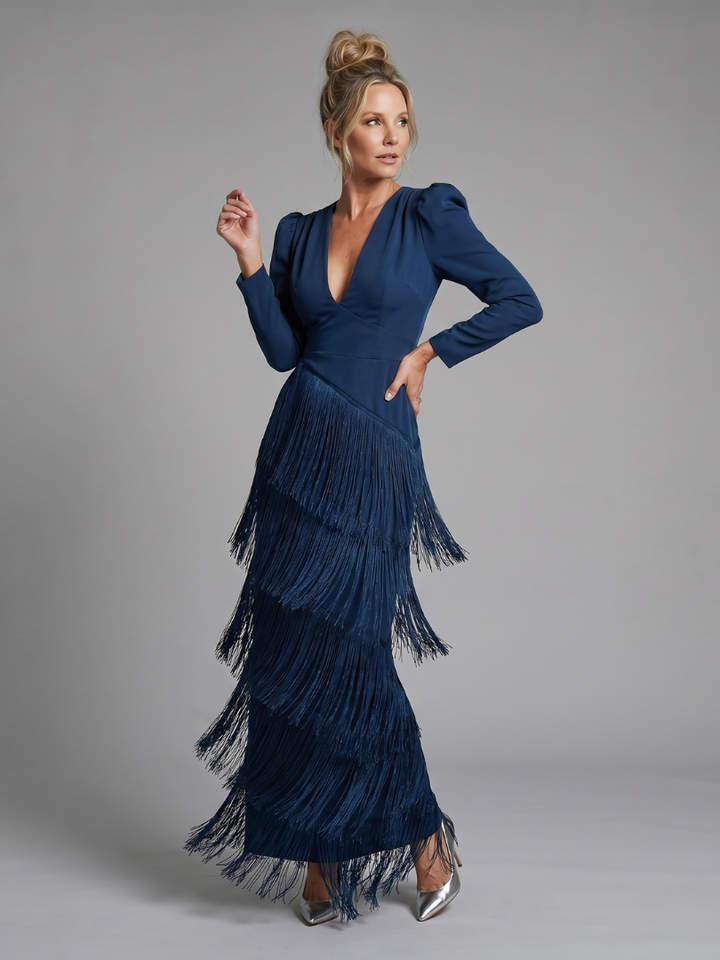 Elisabeth | Long-Sleeve Fringe Midi Dress
