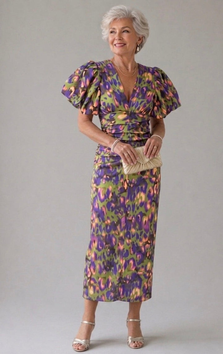 Adriana | Pleated Puff-Sleeve Midi Dress