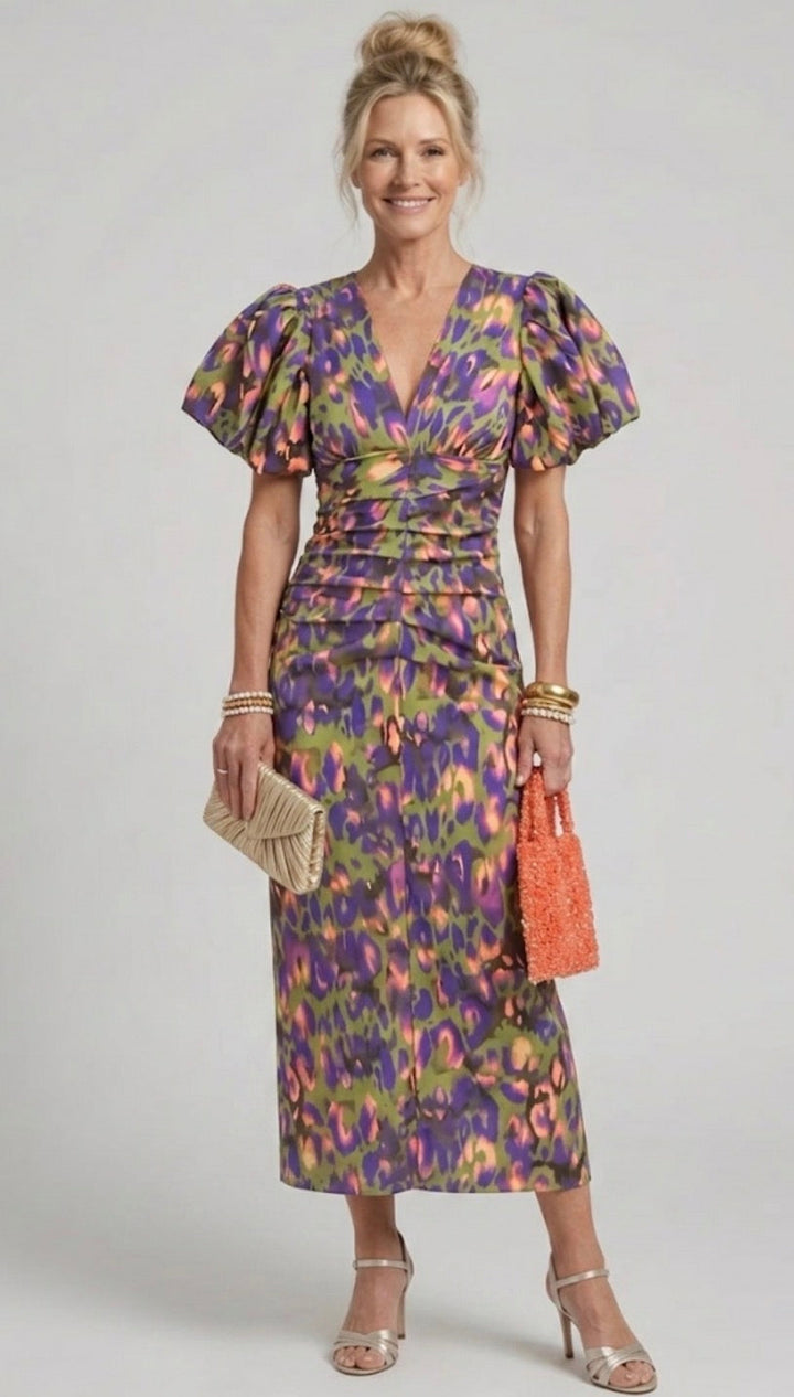 Adriana | Pleated Puff-Sleeve Midi Dress