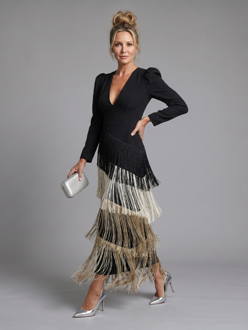 Elisabeth | Long-Sleeve Fringe Midi Dress