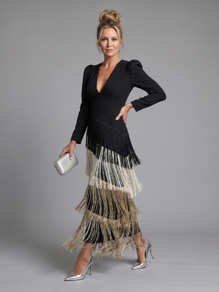 Elisabeth | Long-Sleeve Fringe Midi Dress
