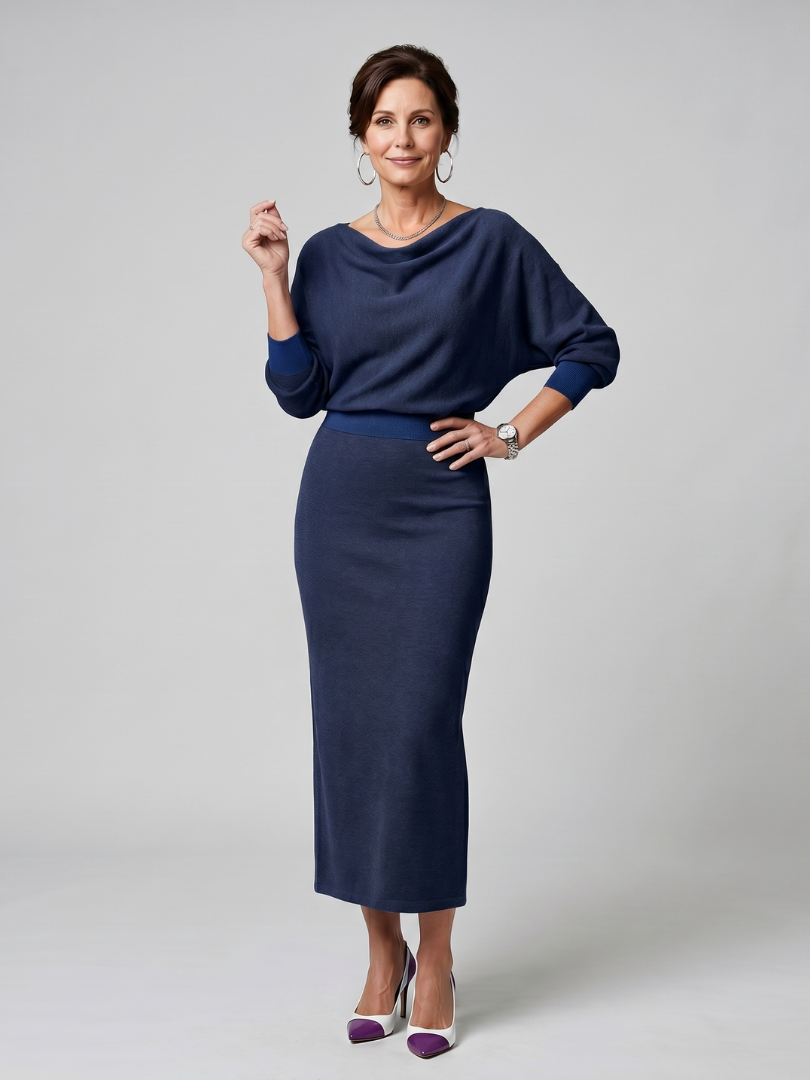 Adrienne | Draped Neckline Fitted Midi Dress