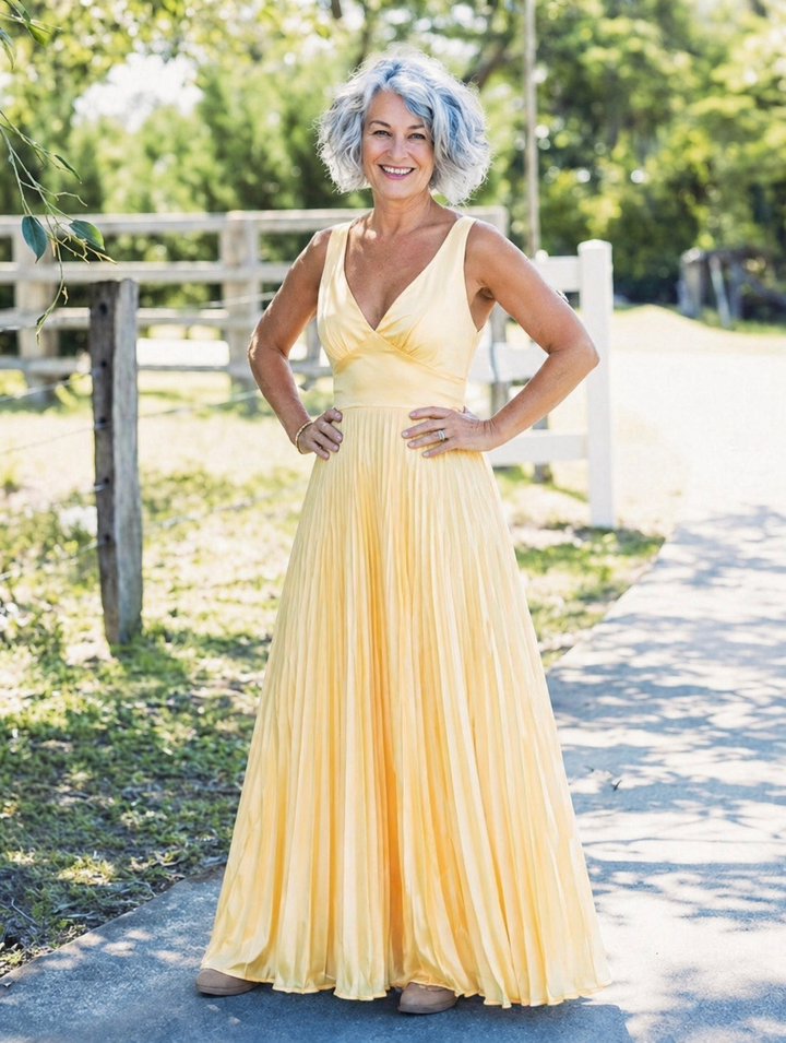 Aveline | Pleated V-Neck Maxi Dress