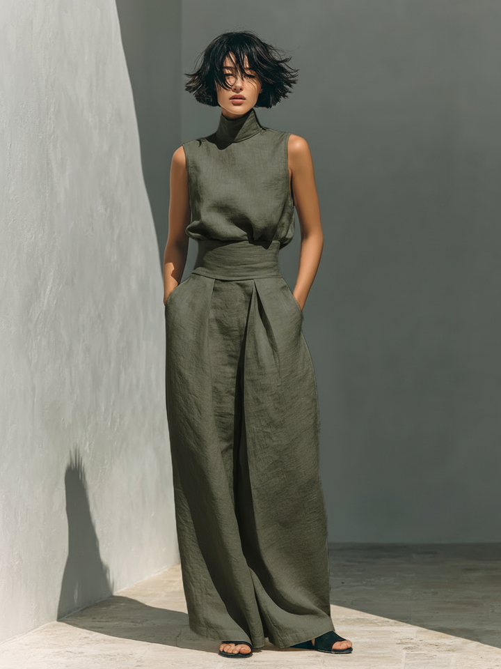 Women's minimalist set with sleeveless blouse and wide-leg pants