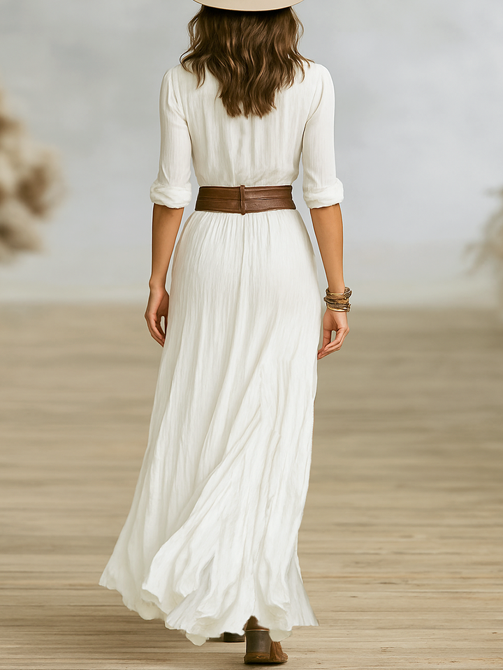 Aurora | Long Linen Dress with Reverse Collar