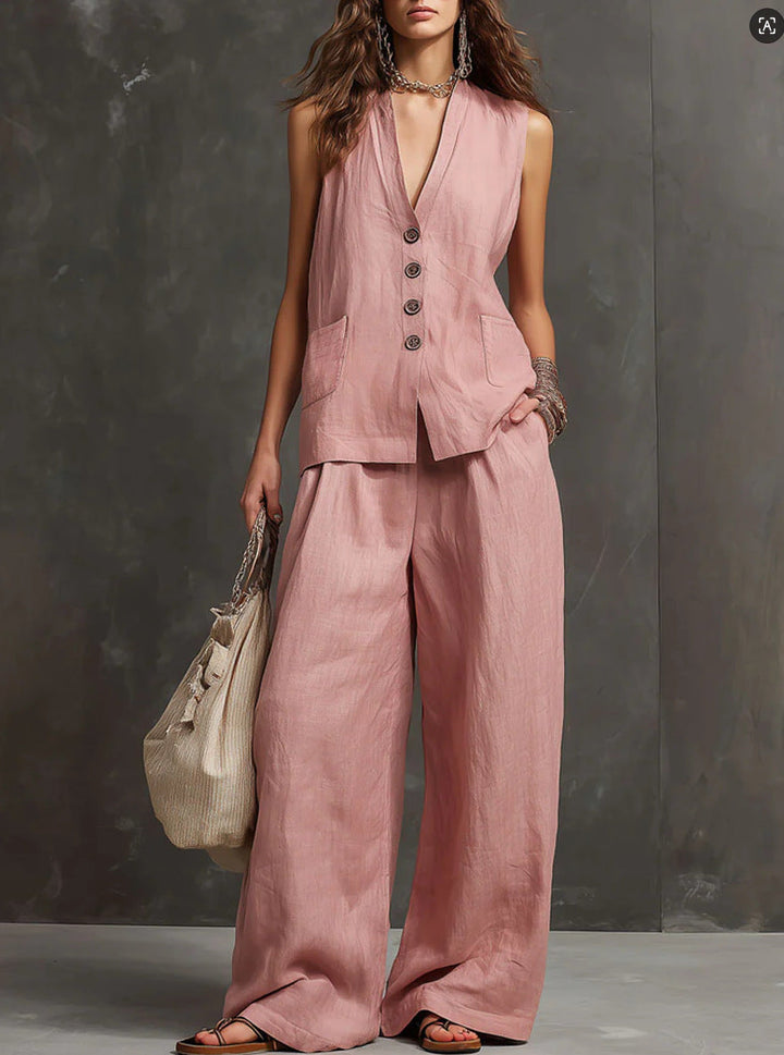 Two-Piece Set in Cotton and Linen with Sleeveless Vest and Wide-Leg Pants