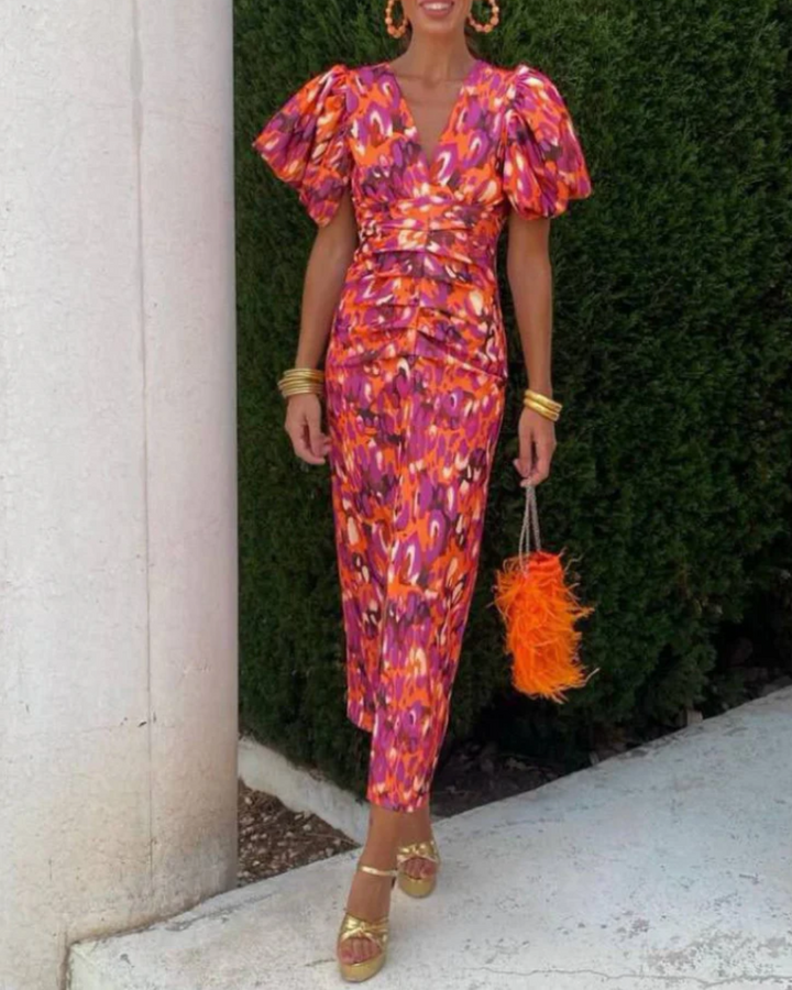 Adriana | Pleated Puff-Sleeve Midi Dress